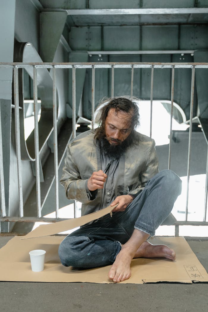 services-02 A homeless man sits on cardboard with a cup, writing a sign under a bridge.